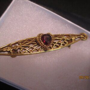 Vintage Gold Tone Bar Brooch/Pin/Red Stone Heart